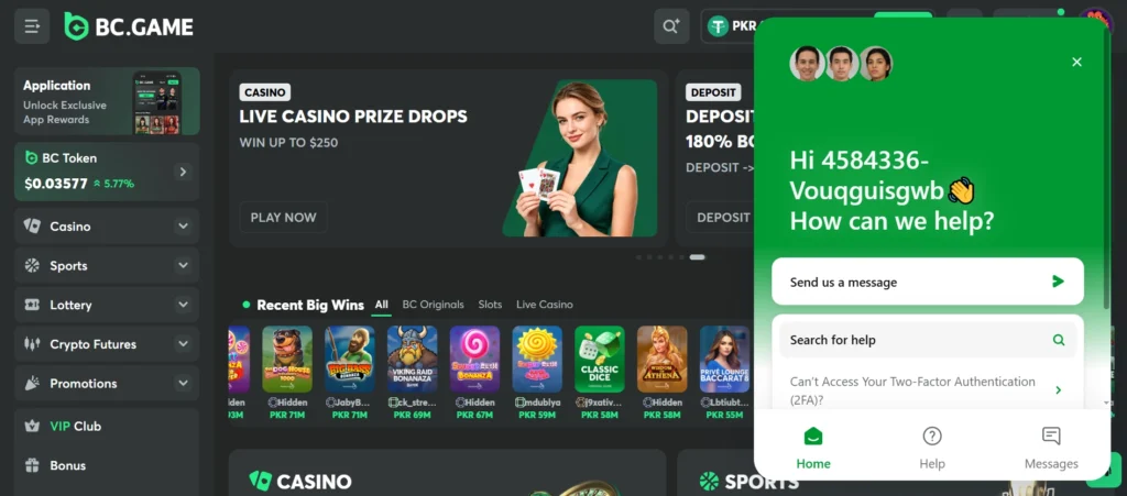 Contact BC GAME Pakistan by live chat assistance 